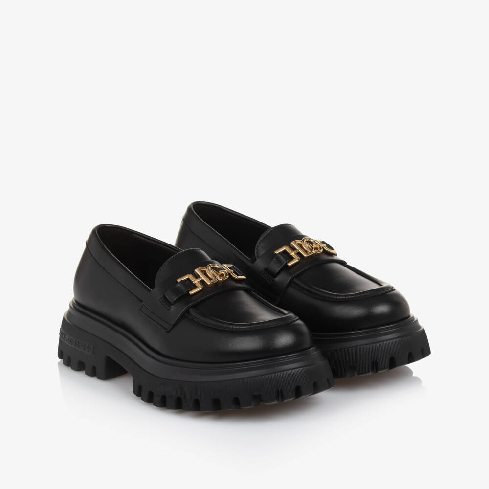 Dolce & Gabbana-Girls Black Leather DG Loafers | Childrensalon