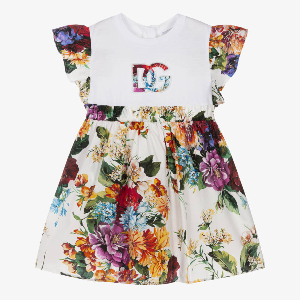 Dolce & Gabbana-Girls Colourful Floral Print Jersey & Poplin Dress | Childrensalon