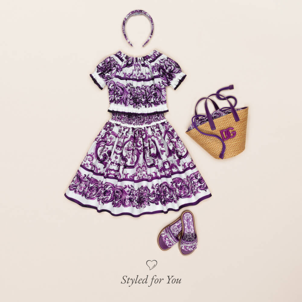 Dolce & Gabbana-Girls Purple Majolica Print Cotton Skirt with Shirred Waist | Childrensalon