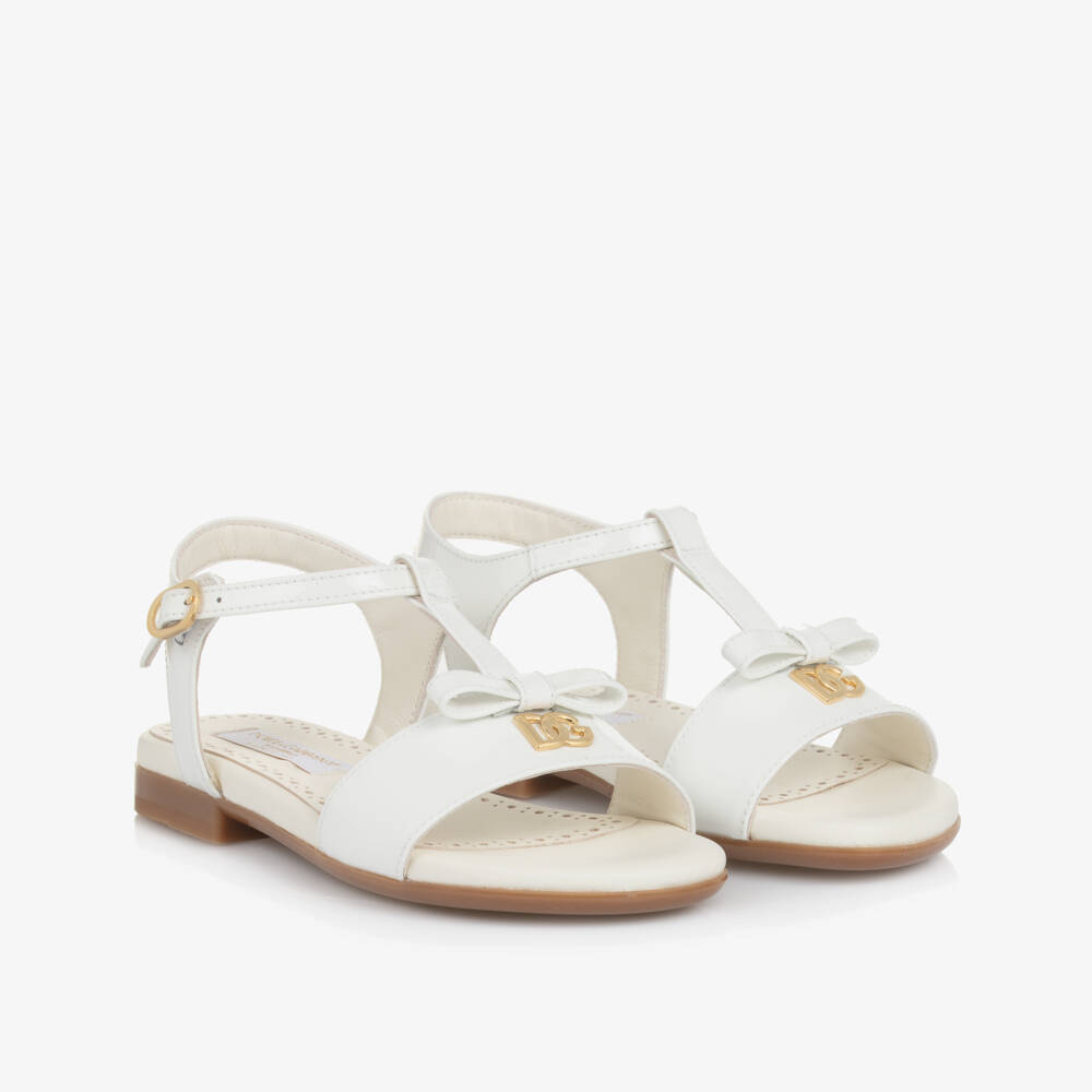 Dolce & Gabbana-Girls White Patent Leather DG Logo Sandals | Childrensalon