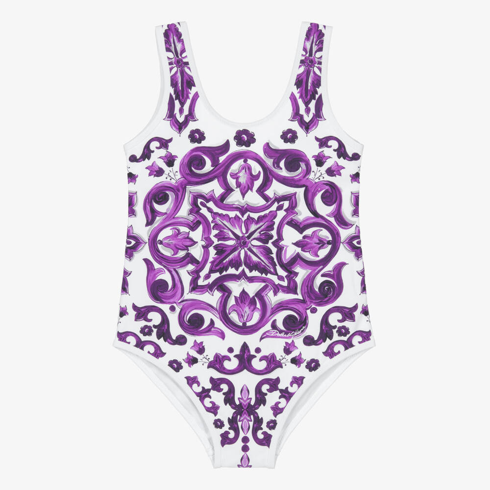 Dolce & Gabbana-Girls White & Purple Majolica Print Swimsuit | Childrensalon