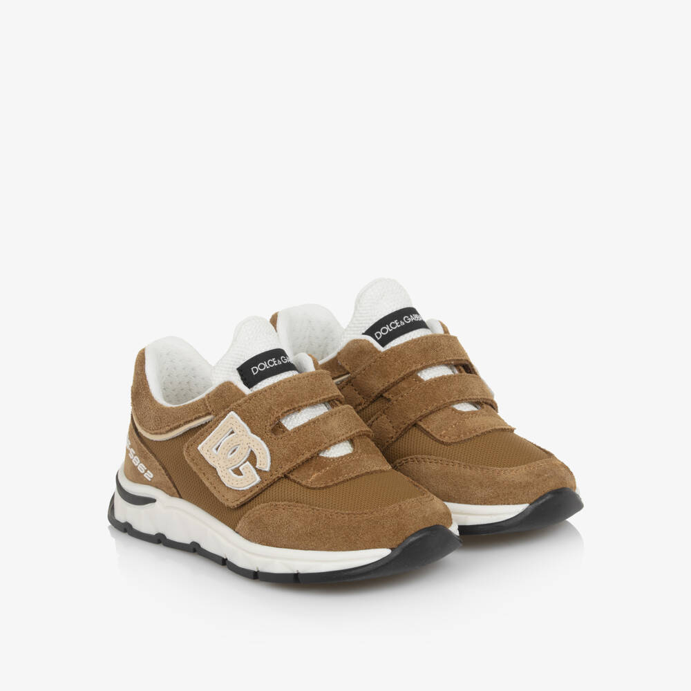 Dolce & Gabbana-Tan Brown Suede & Mesh DG Logo Velcro Trainers | Childrensalon