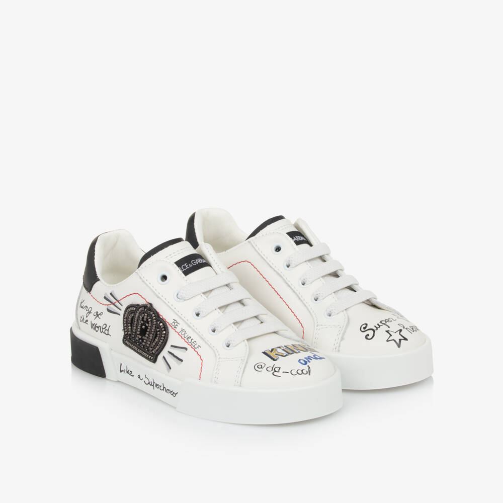 Dolce & Gabbana-White Leather King Doodle Slip-On Trainers | Childrensalon