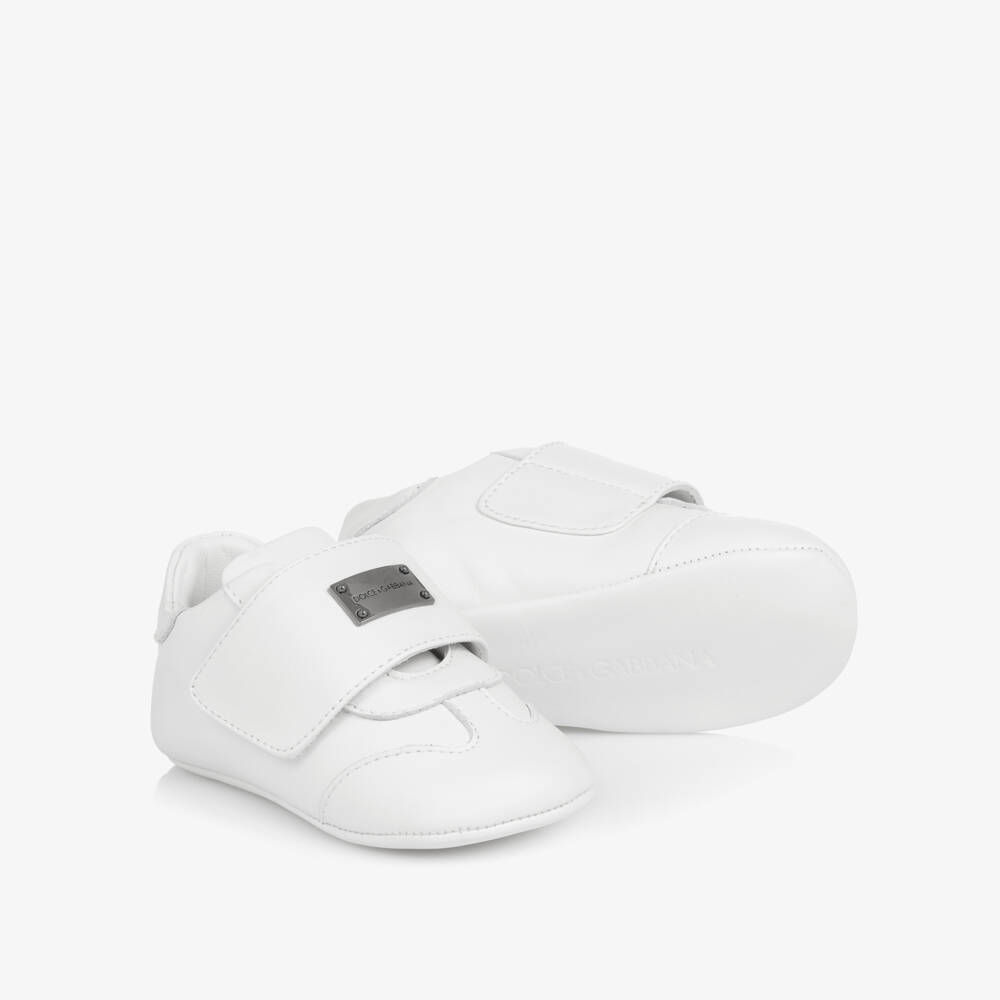 Dolce & Gabbana-White Leather Pre-Walker Shoes with Logo Plaque | Childrensalon