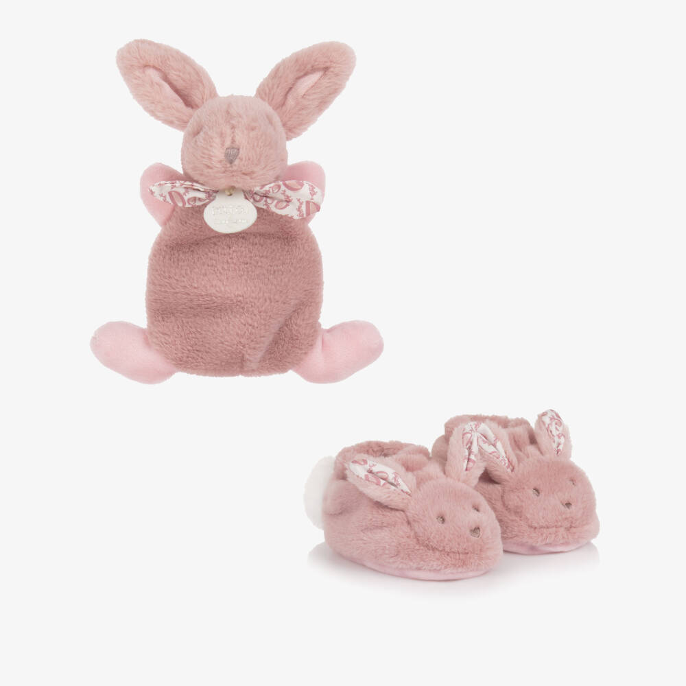 Doudou et Compagnie-Girls Pink Plush Bunny Slippers & Comforter Set (15cm)  | Childrensalon