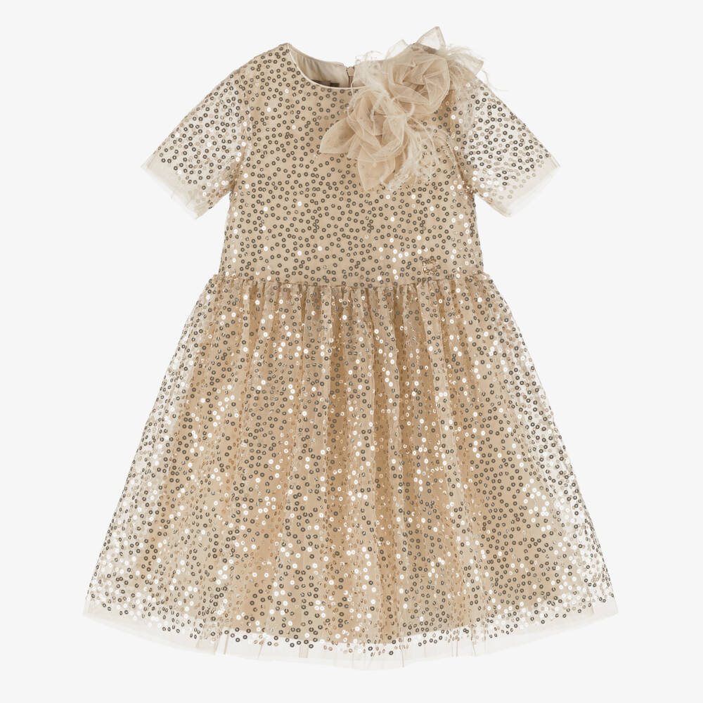 Elie Saab-Girls Gold Sequinned Tulle Dress | Childrensalon