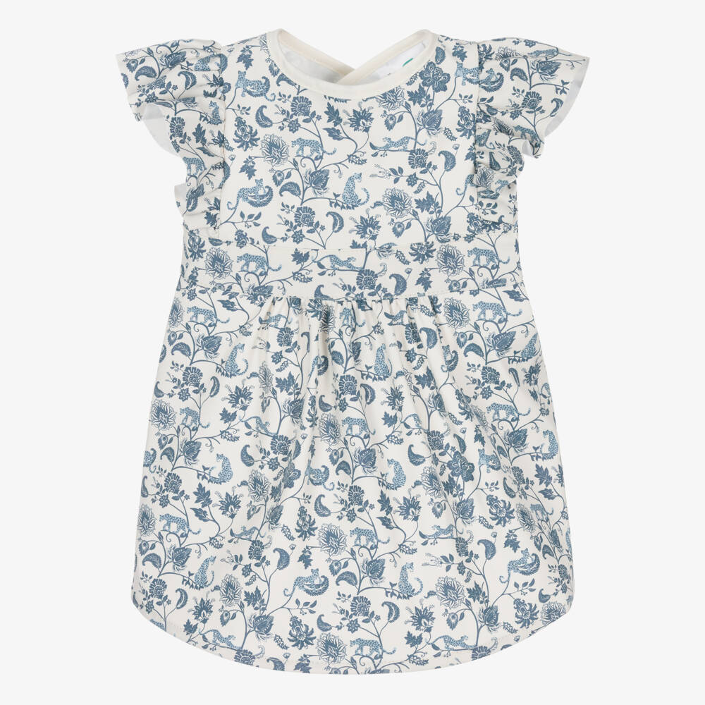 Elodie-Girls Ivory & Blue Garden Leo Toile Print Apron Bib | Childrensalon