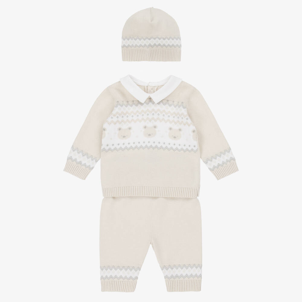 Emile et Rose-Baby Boys Beige Cotton Teddy Bear Trouser Set | Childrensalon