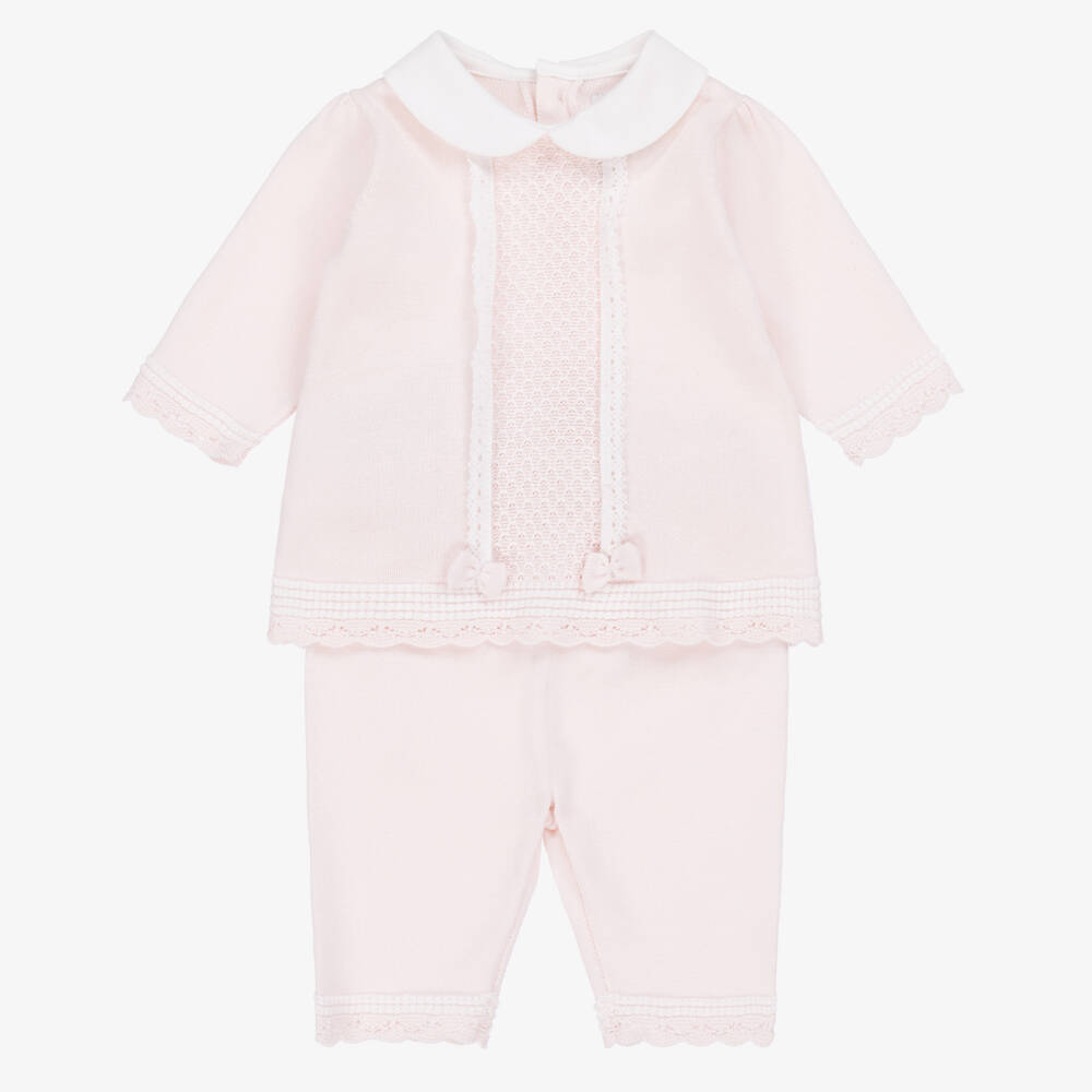 Emile et Rose-Baby Girls Pink Cotton Knit Trouser Set | Childrensalon