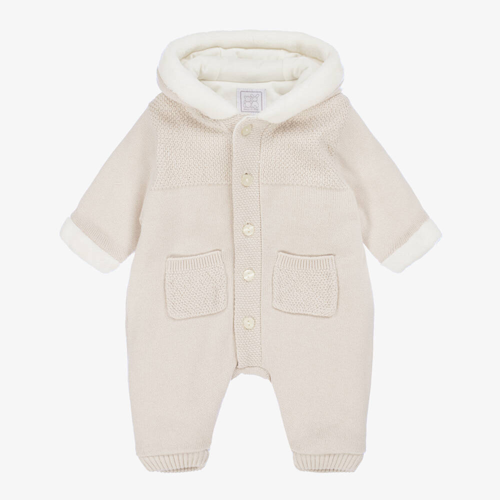 Emile et Rose-Beige Cotton Knit Hooded Pramsuit | Childrensalon