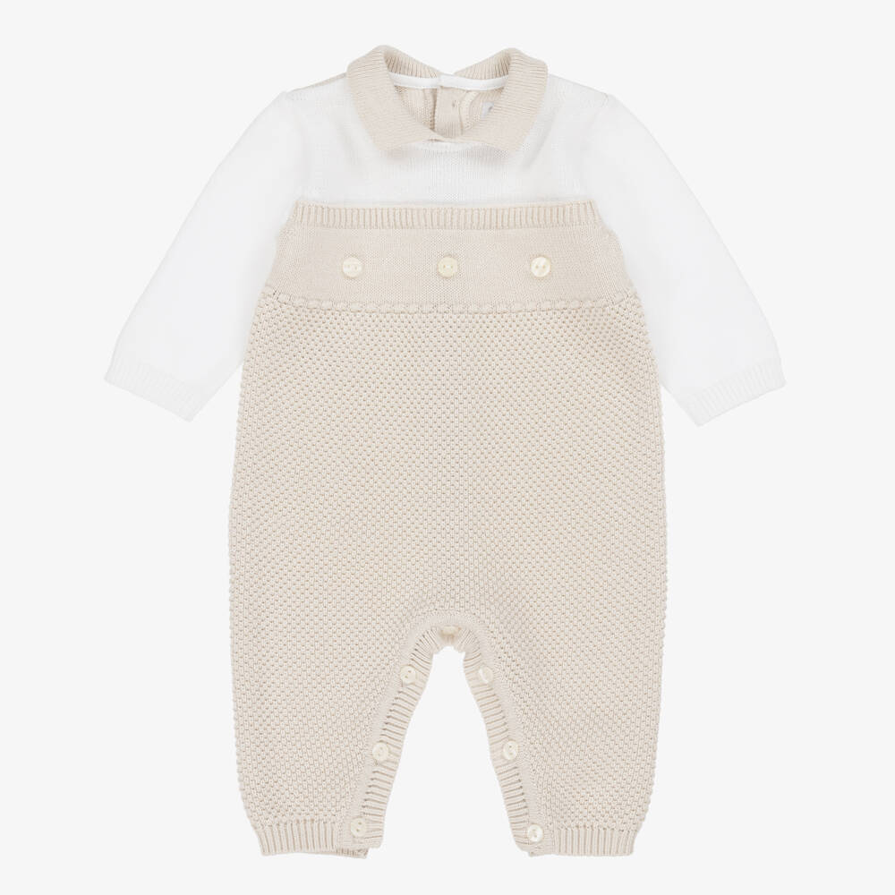 Emile et Rose-Beige & Ivory Cotton Knit Collared Romper | Childrensalon