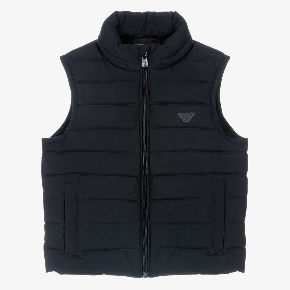 Emporio Armani-Boys Blue Hooded Down Puffer Gilet with Eagle Logo | Childrensalon