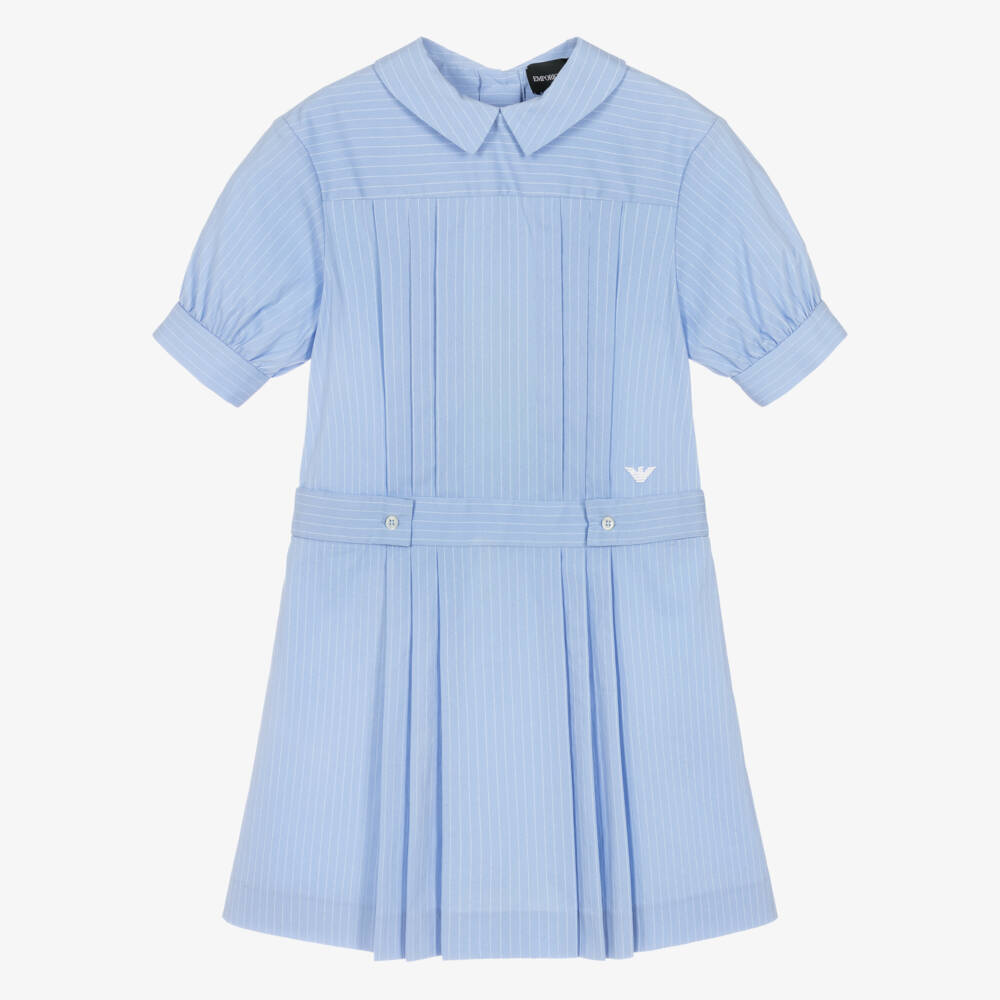 Emporio Armani-Girls Blue Pinstripe Cotton Dress with Eagle Logo | Childrensalon