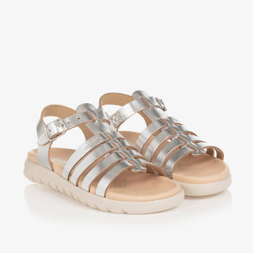 Geox-Girls Silver Leather Sandals | Childrensalon