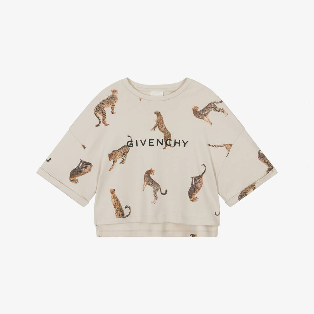 Givenchy-Girls Beige Cotton Cheetah Print T-Shirt | Childrensalon