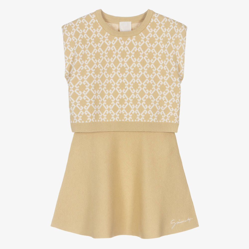 Givenchy-Girls Beige Logo Jacquard Cotton & Wool Knit Skirt Set | Childrensalon