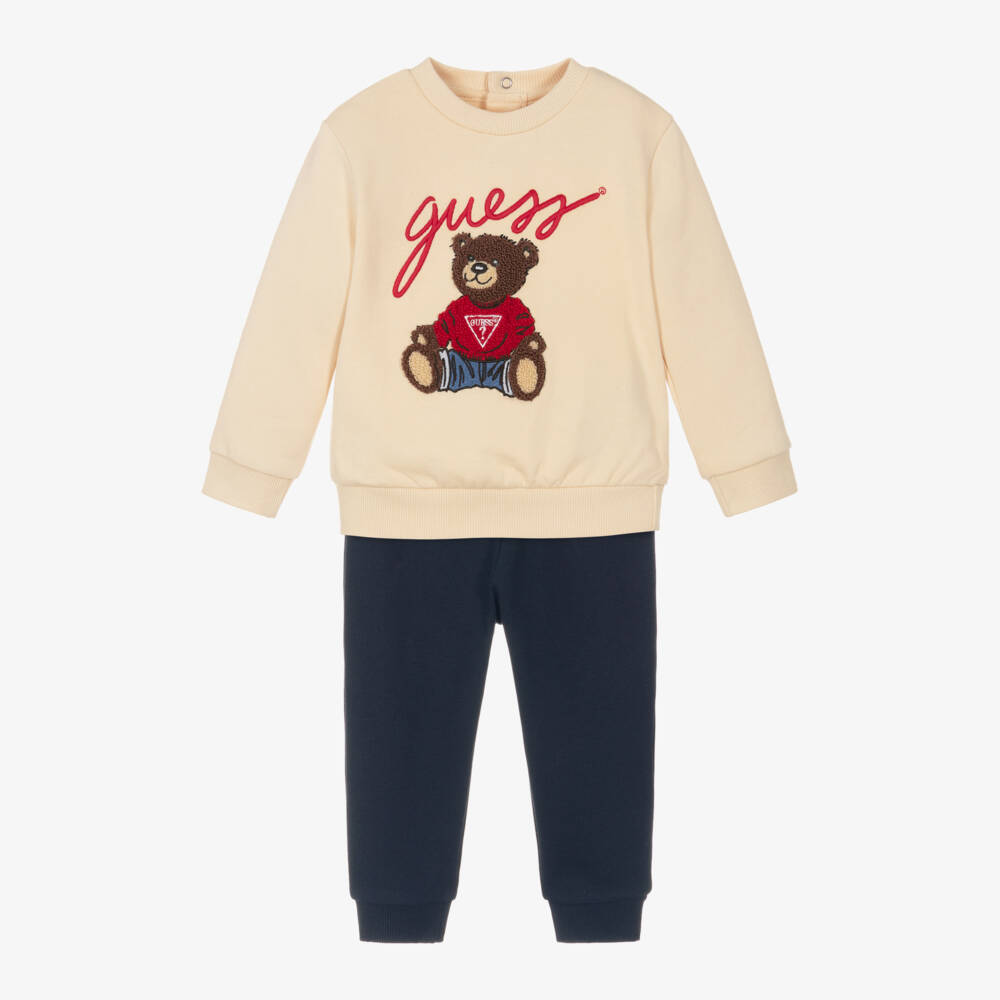 Guess-Beige & Navy Blue Cotton Teddy Bear Baby Tracksuit | Childrensalon