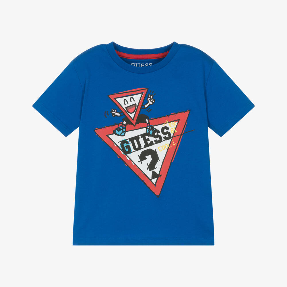 Guess-Boys Blue Cotton Cartoon Logo T-Shirt | Childrensalon