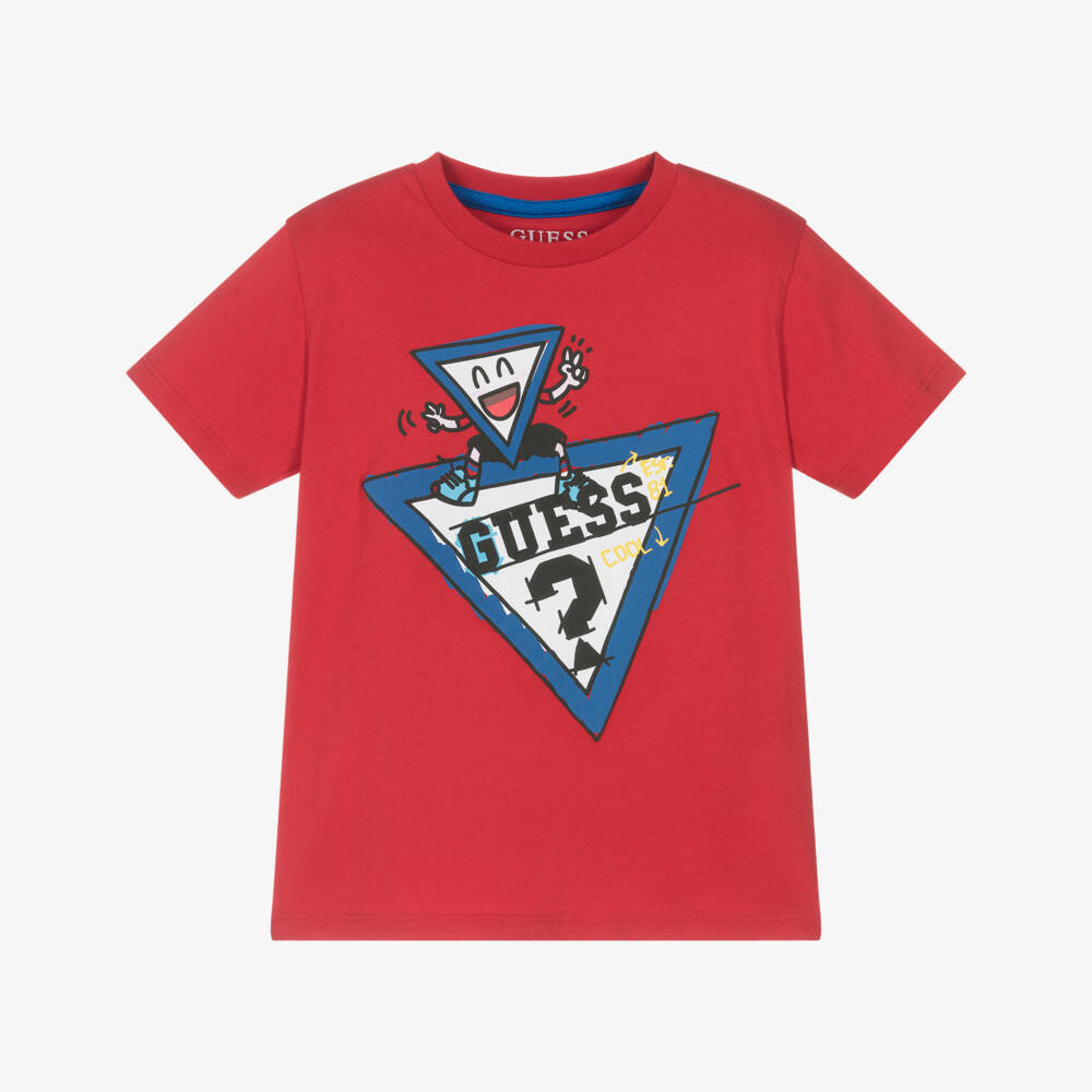 Guess-Boys Red Cotton Cartoon Logo T-Shirt | Childrensalon