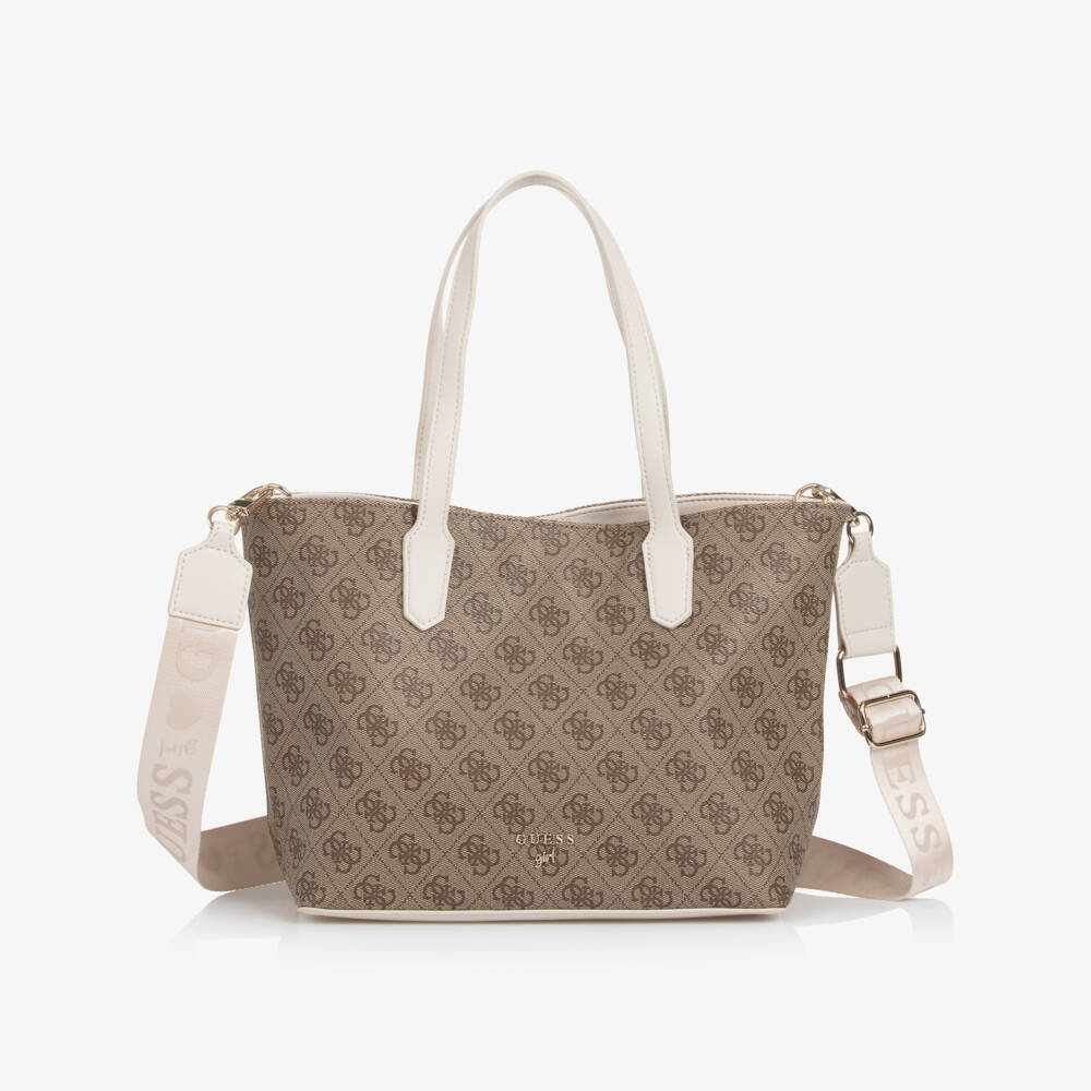 Guess-Girls Beige & Brown 4G Logo Tote Bag (33cm) | Childrensalon