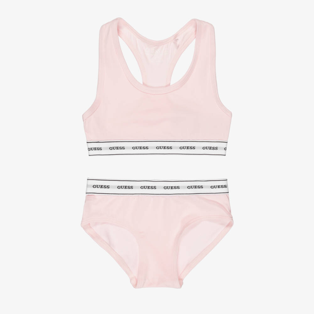 Guess-Girls Pale Pink Cotton Bra Top Knickers Set | Childrensalon