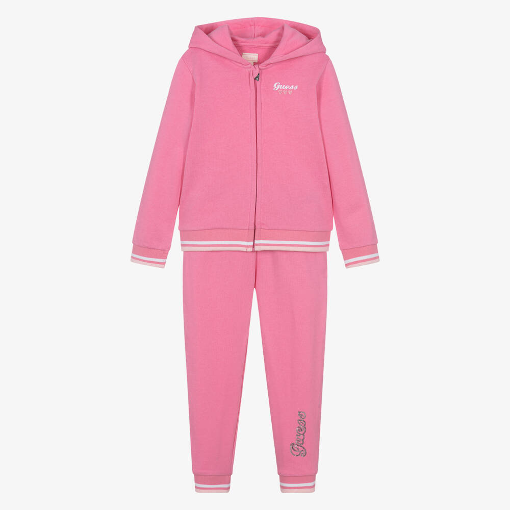 Guess-Girls Pink Cotton Sequin Logo Tracksuit | Childrensalon