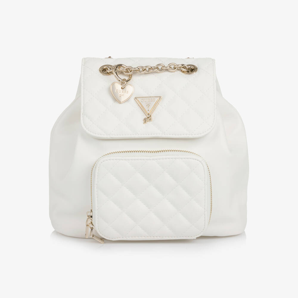 Guess-Girls White Quilted Faux Leather Backpack (24cm) | Childrensalon