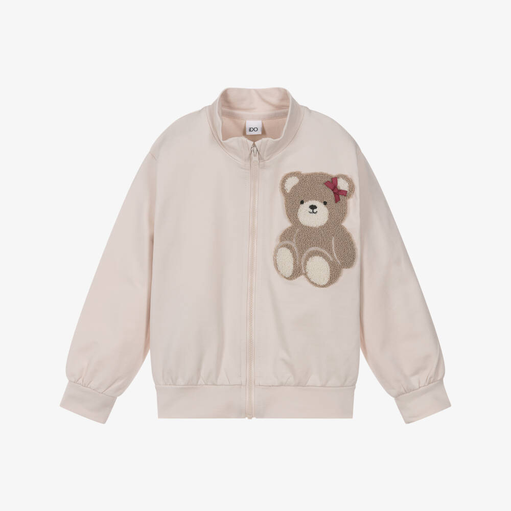 iDO-Girls Ivory Cotton Teddy Bear Zip-Up Top | Childrensalon
