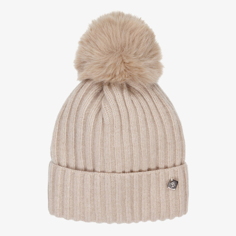 Jamiks-Beige Merino Wool Baby Pom-Pom Hat | Childrensalon