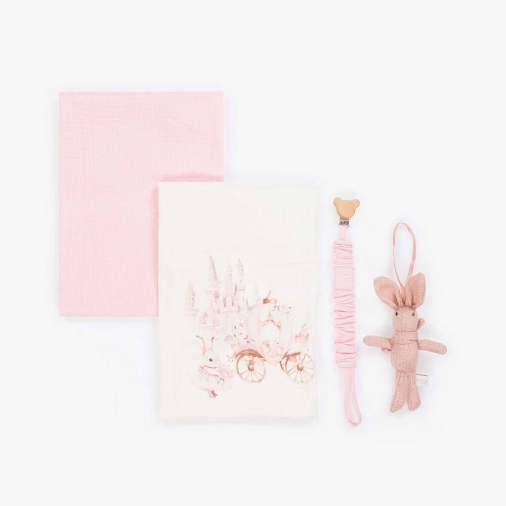 Jamiks-Pink Cotton Rabbit Muslin & Dummy Clip Set  | Childrensalon