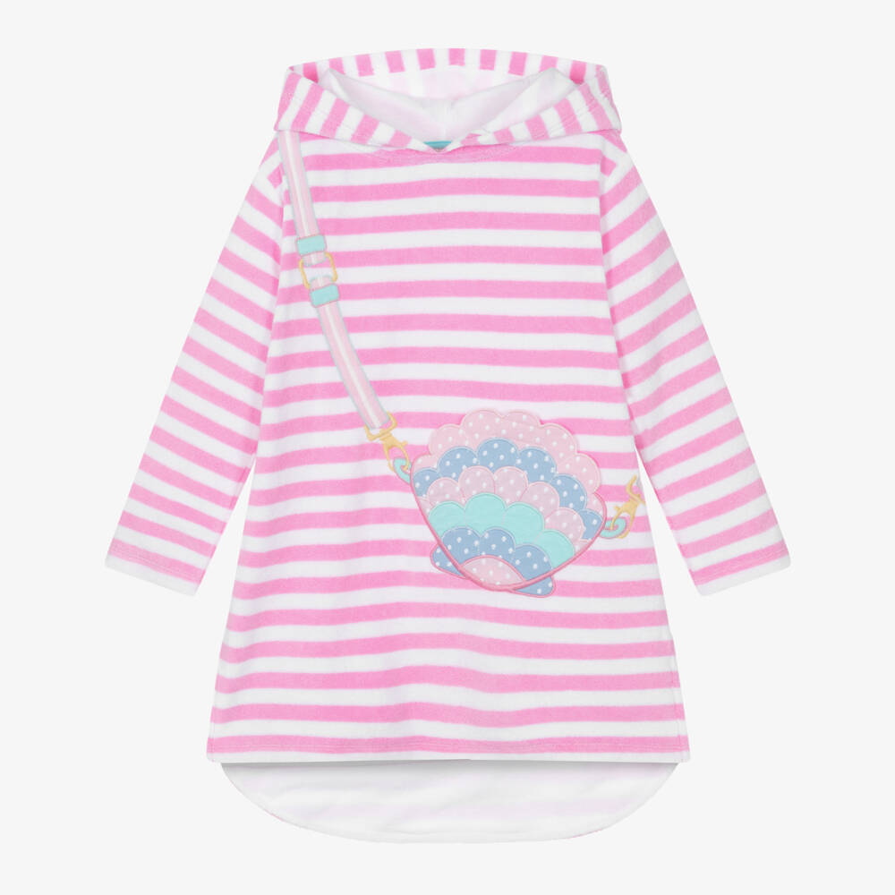 Joyday-Girls Pink Stripe Hooded Towelling Robe | Childrensalon