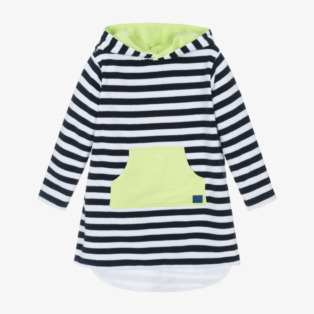 Joyday-Navy Blue Stripe Hooded Towelling Robe | Childrensalon