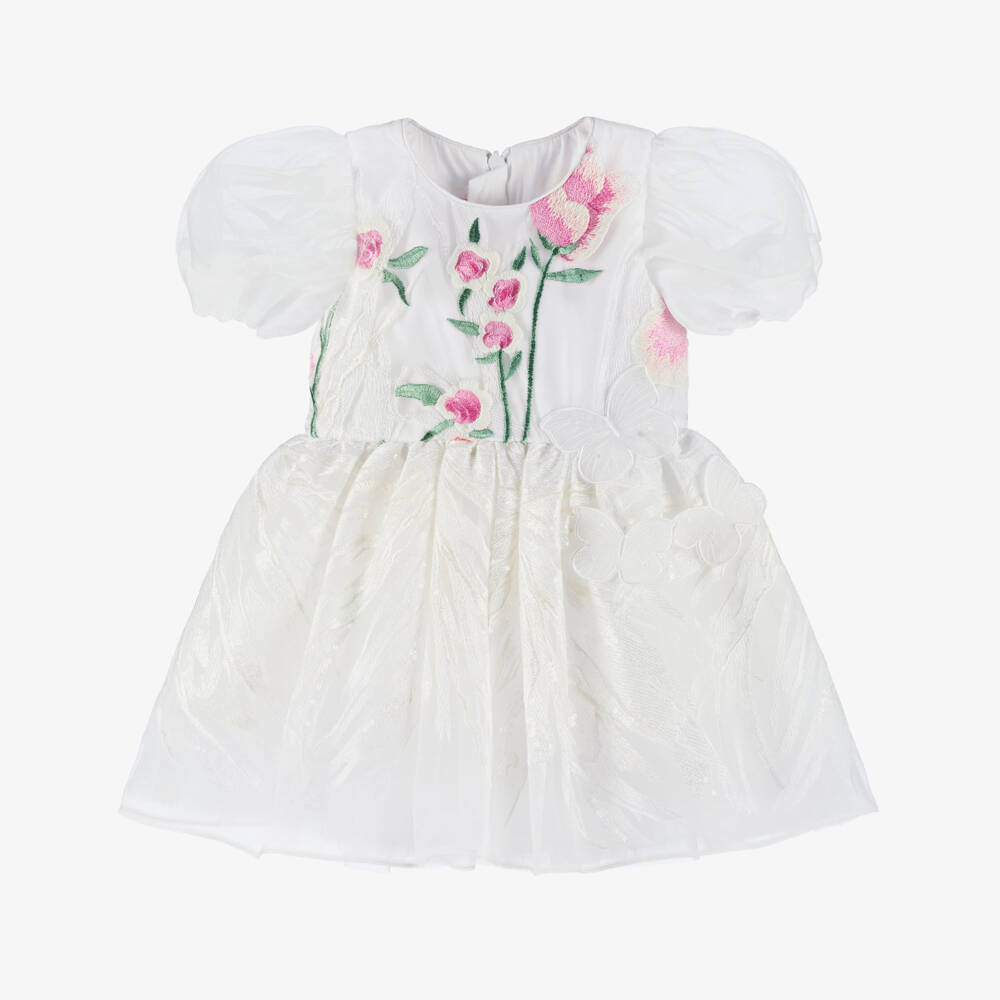 Junona-Girls White Embroidered Tulle Dress | Childrensalon