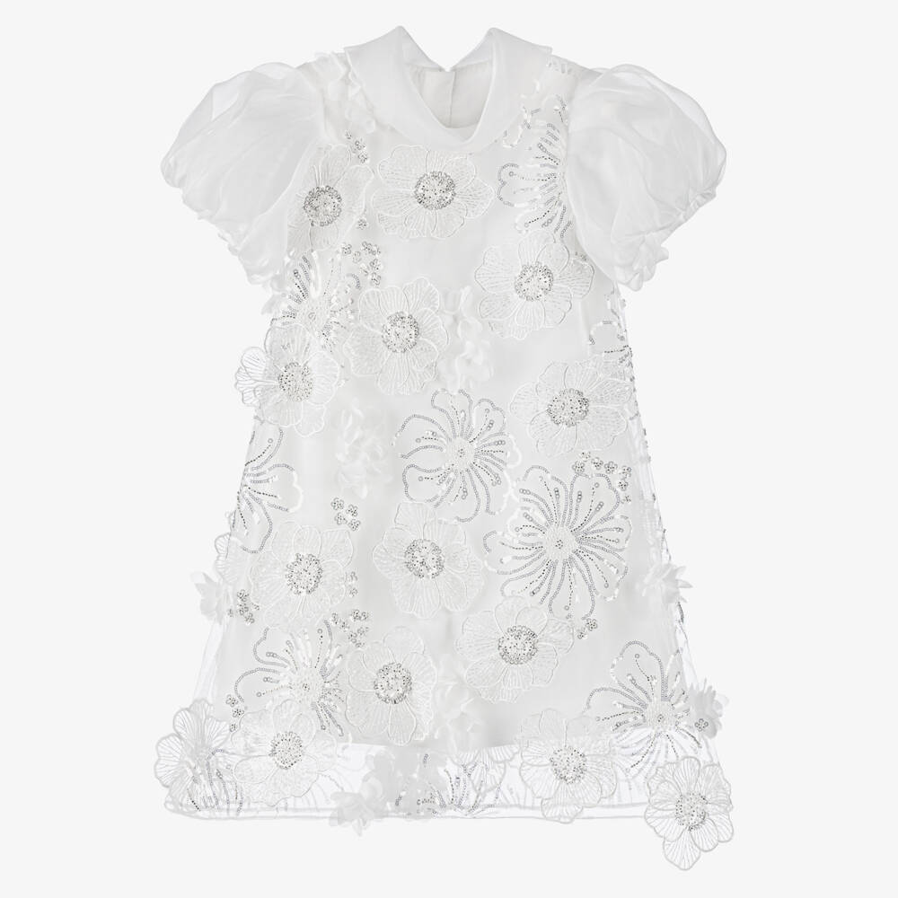Junona-Girls White Tulle Flower Dress | Childrensalon