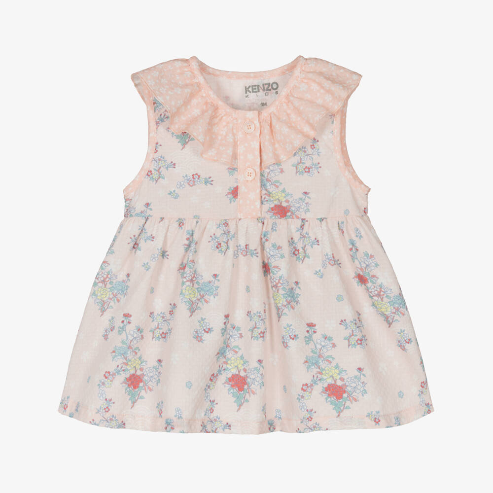 KENZO KIDS-Baby Girls Pink Floral Basketweave Cotton Dress | Childrensalon