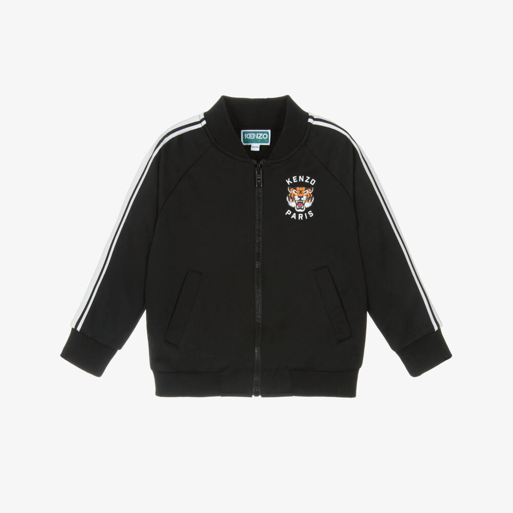 KENZO KIDS-Black Jersey Zip-Up Top with Lucky Tiger Logo | Childrensalon