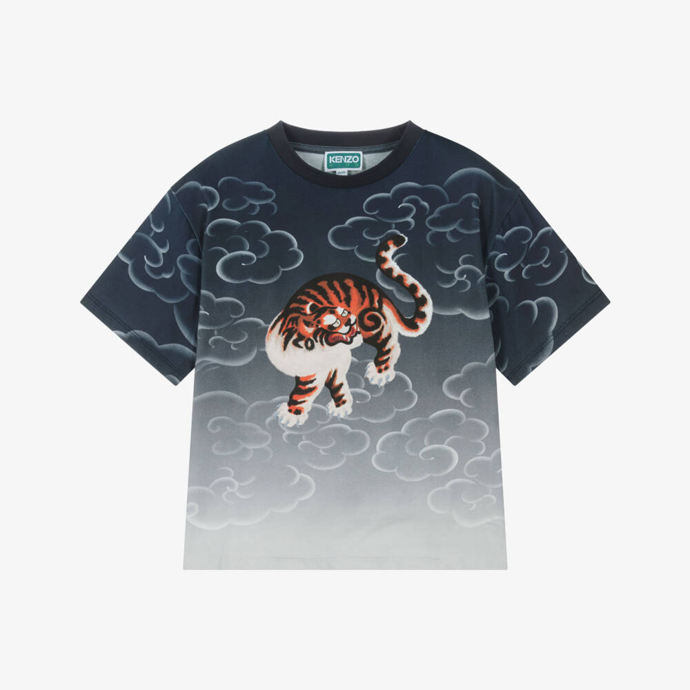 KENZO KIDS-Blue Ombré Cotton Tiger T-Shirt | Childrensalon