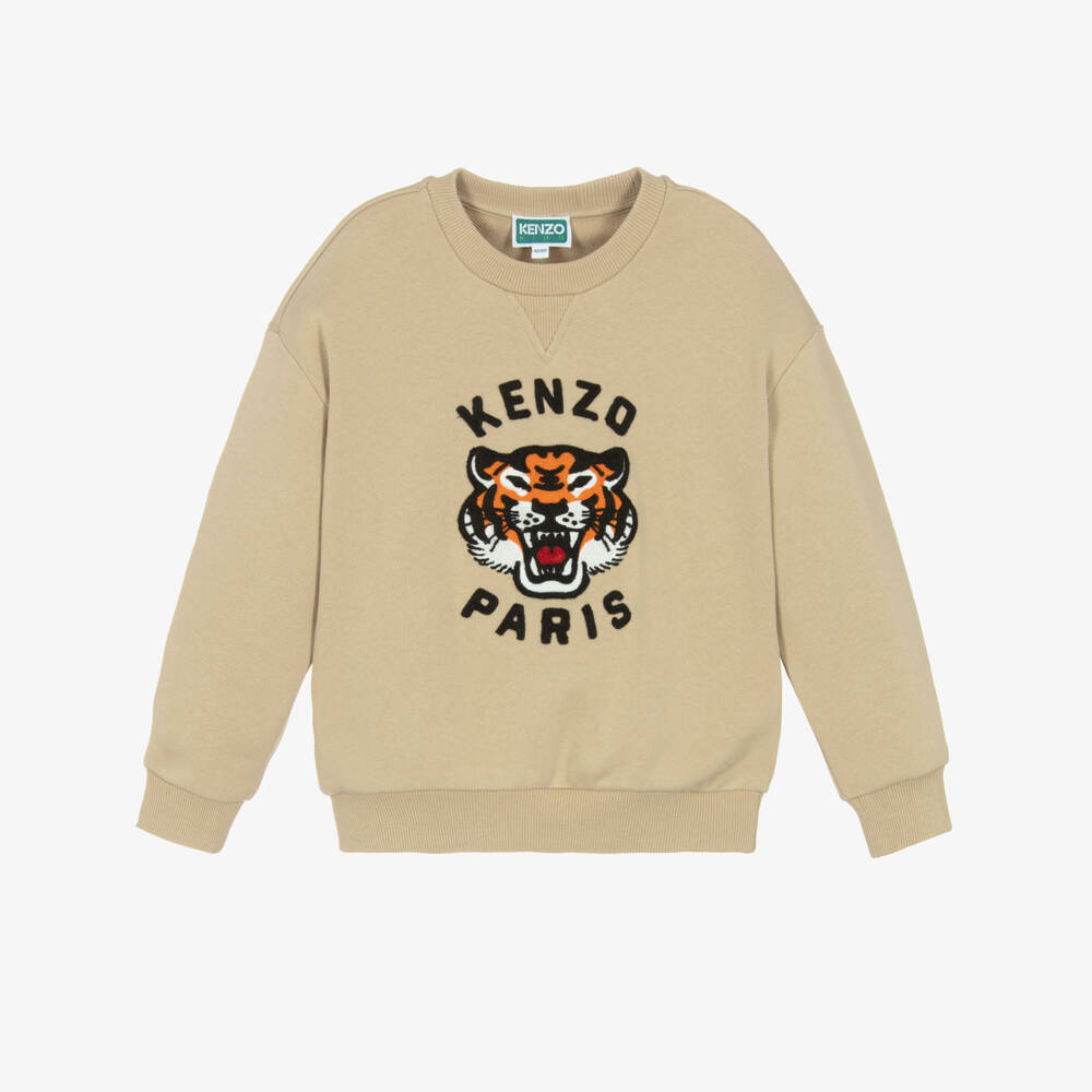 KENZO KIDS-Boys Beige Cotton Embroidered Lucky Tiger Sweatshirt | Childrensalon