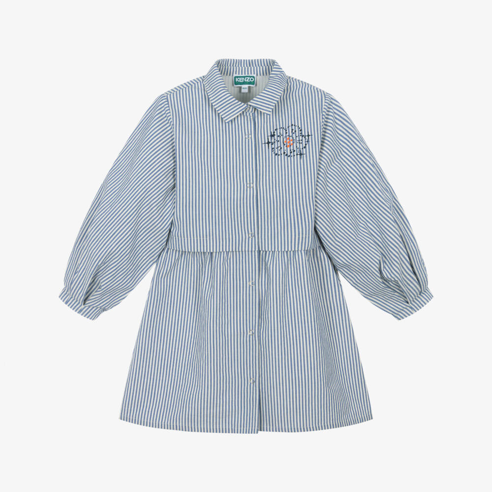 KENZO KIDS-Girls Blue Stripe Cotton Shirt Dress | Childrensalon