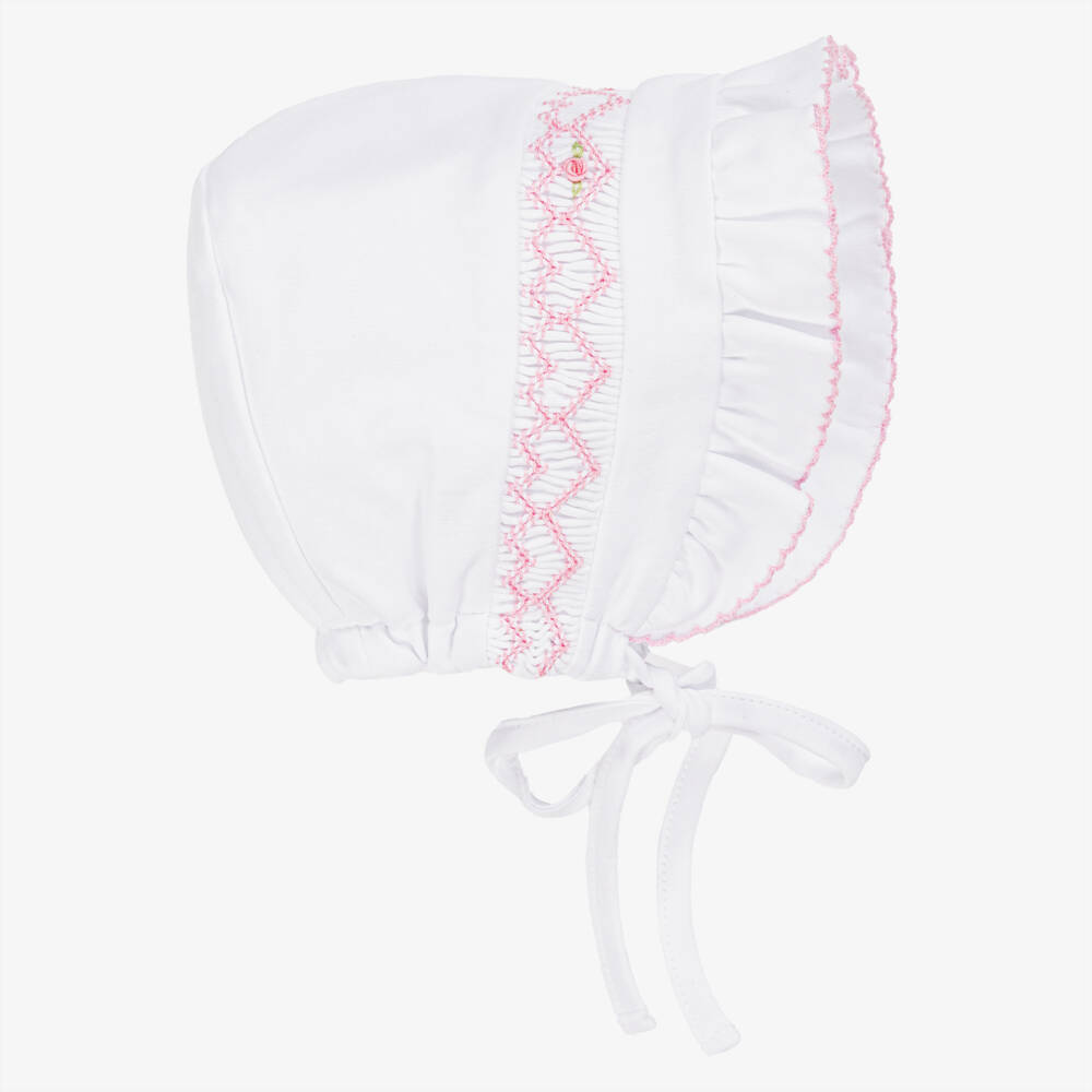 Kissy Kissy-Baby Girls White Pima Cotton Hand-Smocked Bonnet  | Childrensalon