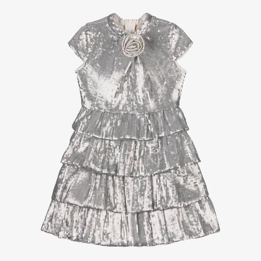 Marlo Kids-Girls Silver Tiered Sequinned Tulle Dress | Childrensalon