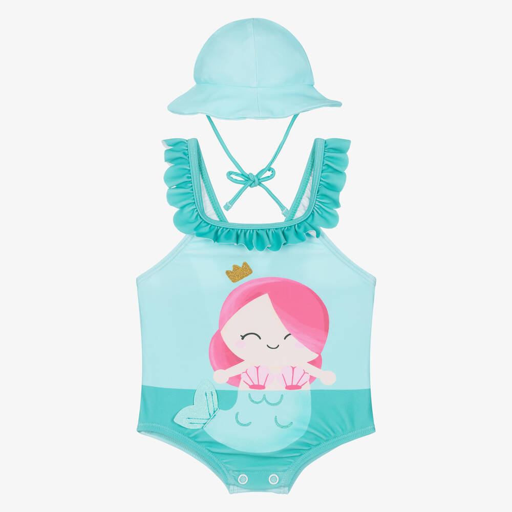 Mayoral Newborn-Baby Girls Blue Mermaid Swimsuit Set (UPF40+) | Childrensalon