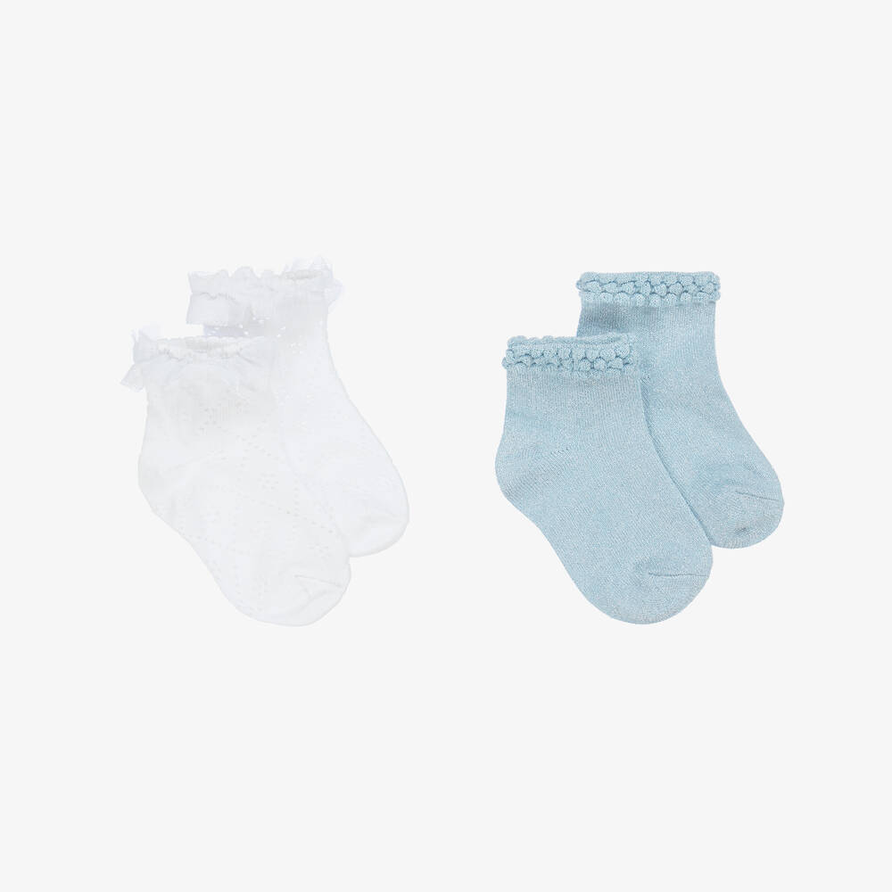 Mayoral-Baby Girls Blue & White Cotton Socks (2 Pack) | Childrensalon