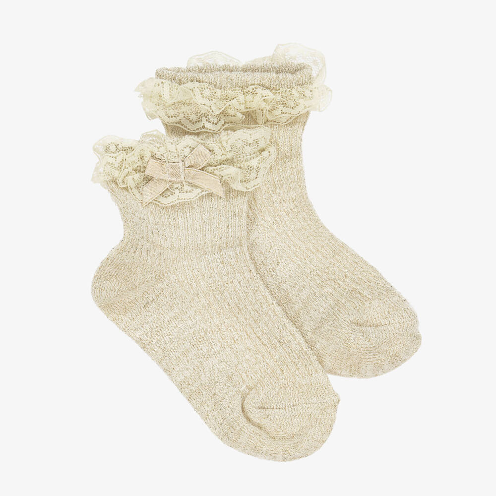 Mayoral Newborn-Baby Girls Gold Lace Ruffle Socks  | Childrensalon