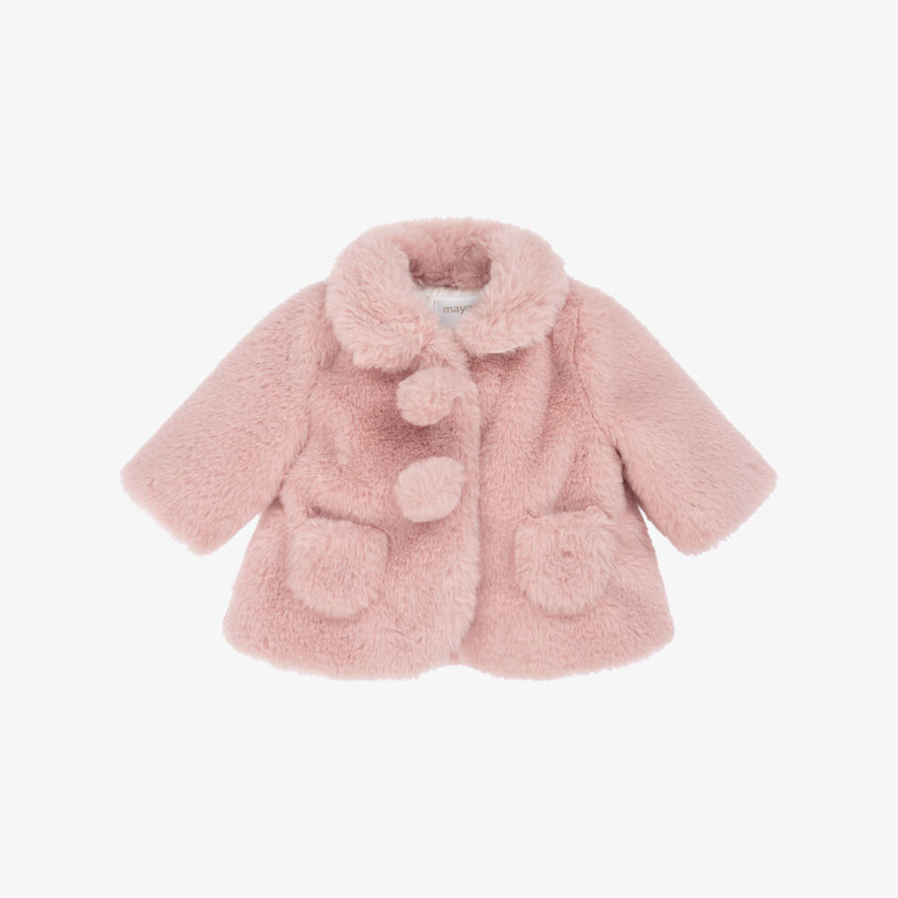 Mayoral Newborn-Baby Girls Pink Faux Fur Coat with Pom-Poms | Childrensalon