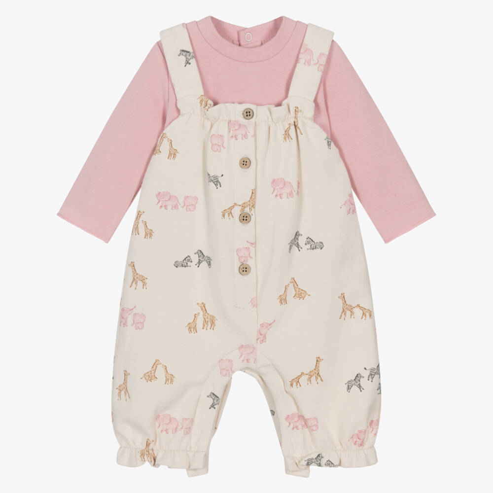Mayoral Newborn-Baby Girls Pink Top & Beige Dungaree Set | Childrensalon