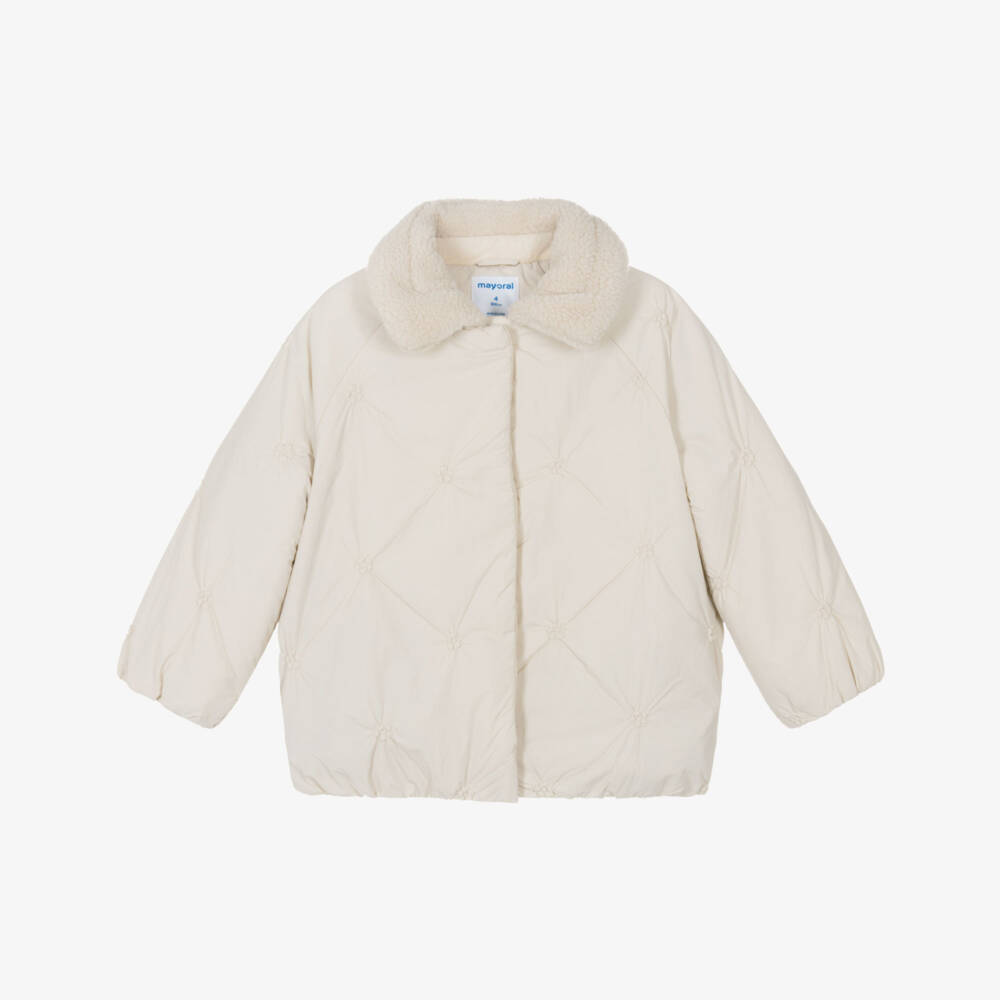 Mayoral-Girls Beige Quilted Jacket with Sherpa Fleece Collar | Childrensalon