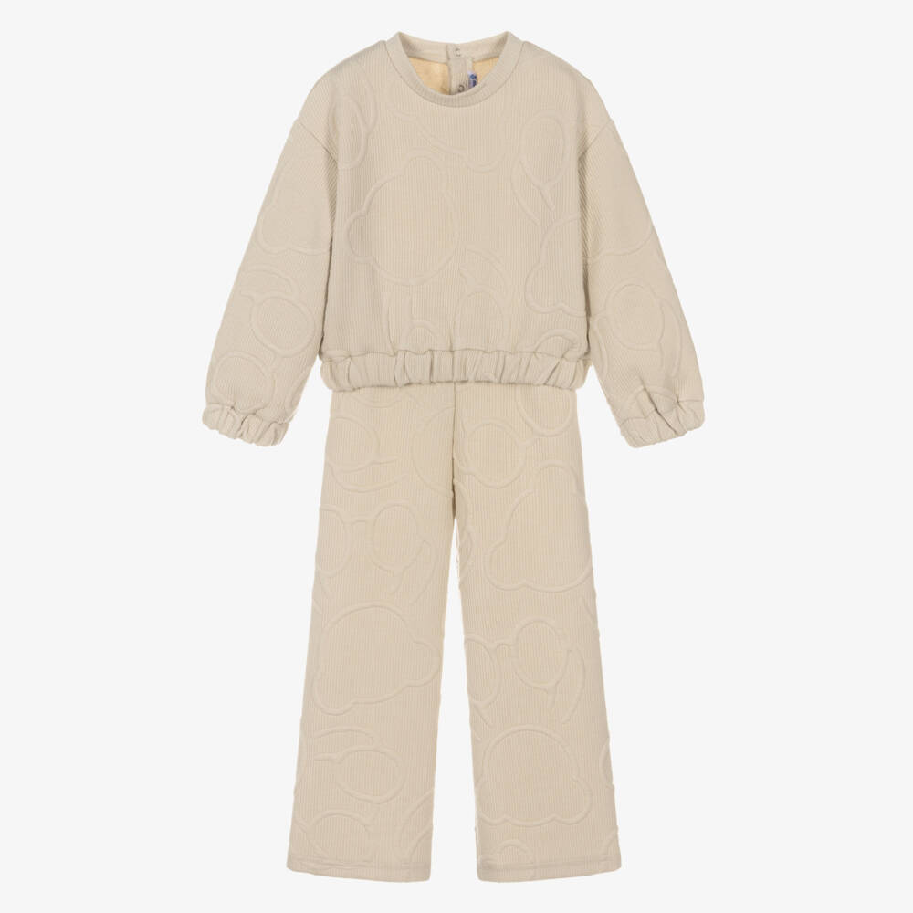 Mayoral-Girls Beige Ribbed Jersey Teddy Bear Trouser Set | Childrensalon