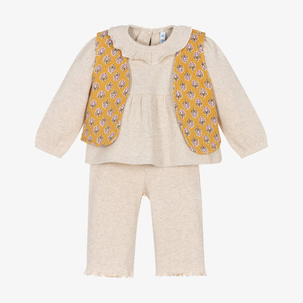 Mayoral-Girls Beige Ribbed Jersey Trouser Set | Childrensalon