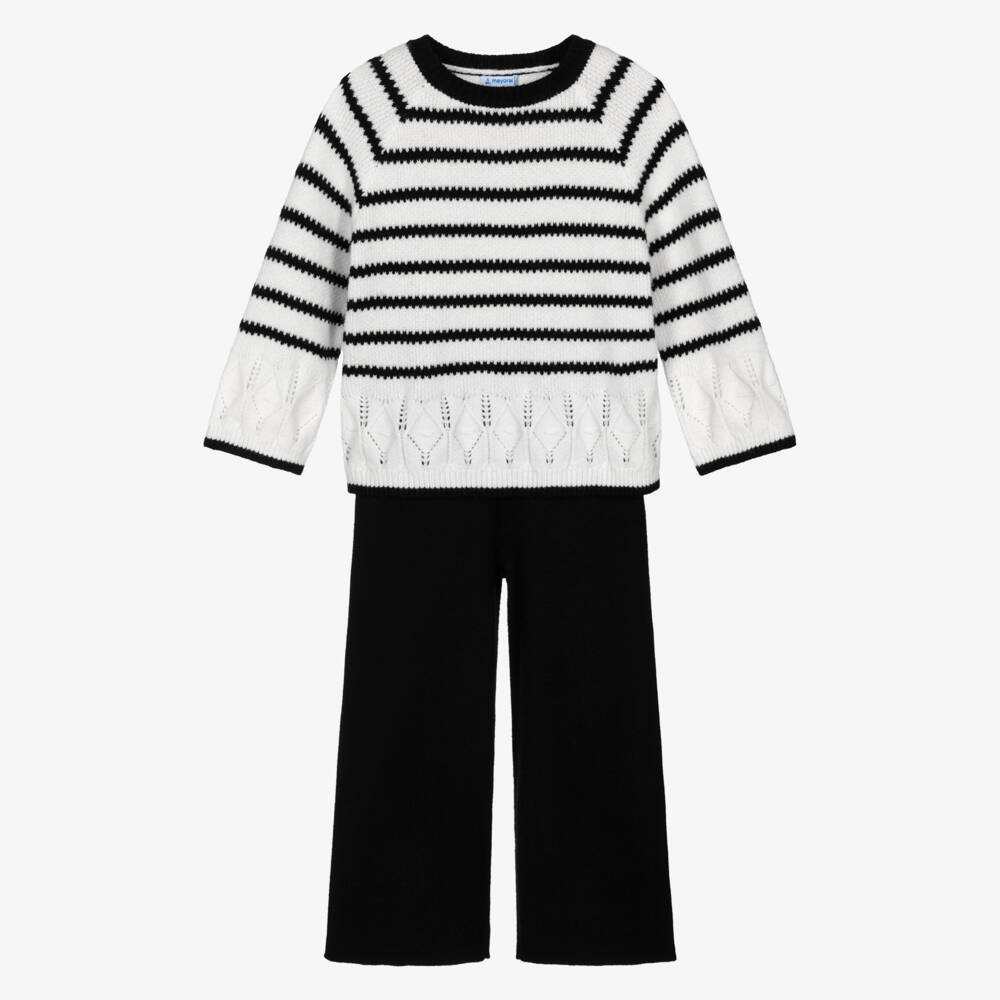 Mayoral-Girls Black & Ivory Striped Knitted Trouser Set | Childrensalon